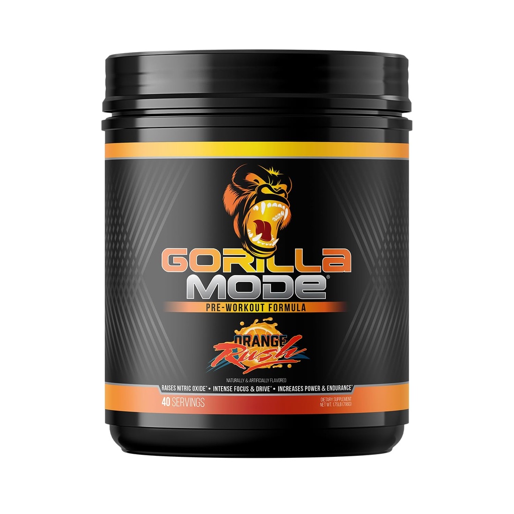 גורילה Mind Pre Workout - Massive Pumps לייזר Focus Energy Power - L-Citrulline, Creatine, L-Tyrosine, Betaine, Hydroprime, Alpha-GPC, 400 מ"ג Caffeine, Huperzine A - 796ggine (Orange Rush)
