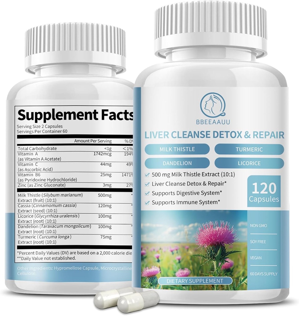 Milk Thistle תוספת קפסולות, Liver Health Formula, with Dandelion Root, 10:1 לחלץ, עבור Liver Detox ניקוי תמיכה, עיכול מערכת החיסון, 120 Veggie Caps