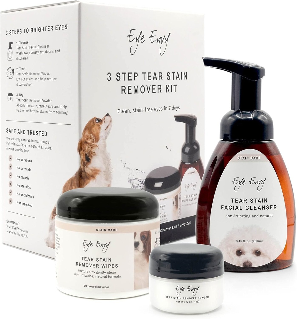 עין Envy 3 Step Tear Stain Remover Kit for Dogs | עיניים נקיות סטטין 7 ימים | מכיל: ניקוי 8.45 floz, Wipes 60 Count andאבק 0.5oz