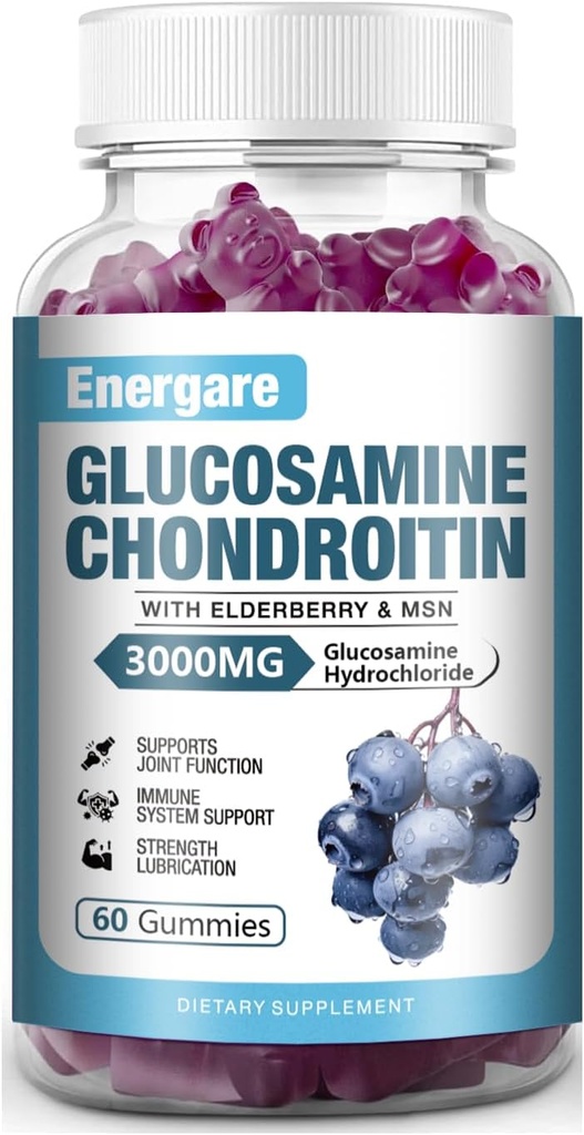 1 Pack 3000mg Glucosamine Chondroitin עם MSM חניכיים & Elderberry, תוספת כוח תמיכה משותפת בריאות, גמישות, Antioxidant, Immune תוספת מסטיקמי למבוגרים, גברים ונשים 60 ספירות