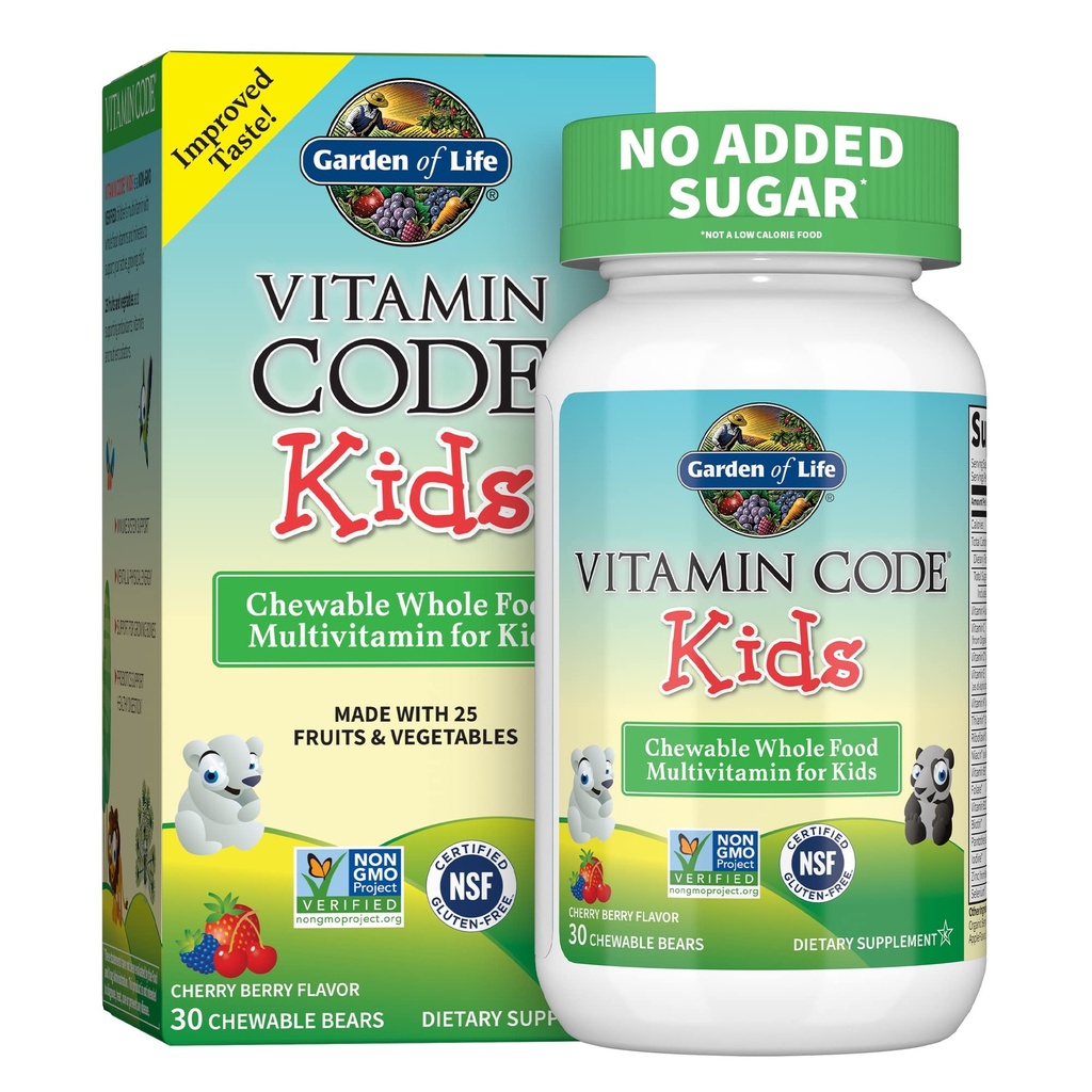 גן החיים Vegetarian Multivitamin תוסף עבור ילדים - ויטמין Code Kids Chewable Raw מזון עתיר מזון מלא עם פרוביוטיקה, 30 דובים Chewable