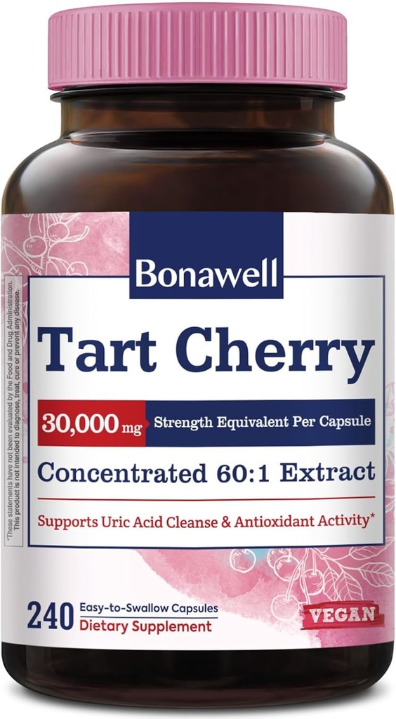 Bonawell Tart Cherry 60:1 לחלץ, 30000 מ"ג כוח, עשוי מ Montmorency Tart Cherries, Powerful Uric Acid ניקויse, 8 חודשים אספקה, 240 קפסולות