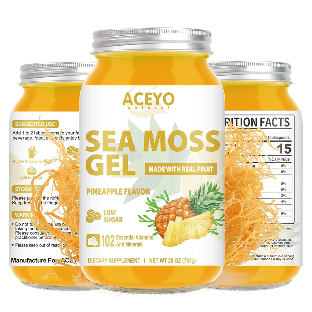 (28 OZ) Sea Mos Gel Raw Flavored Irish Seamos Gel Natural Pineapple 102 ויטמינים ומינרלים Wild Harvested non-GMO.