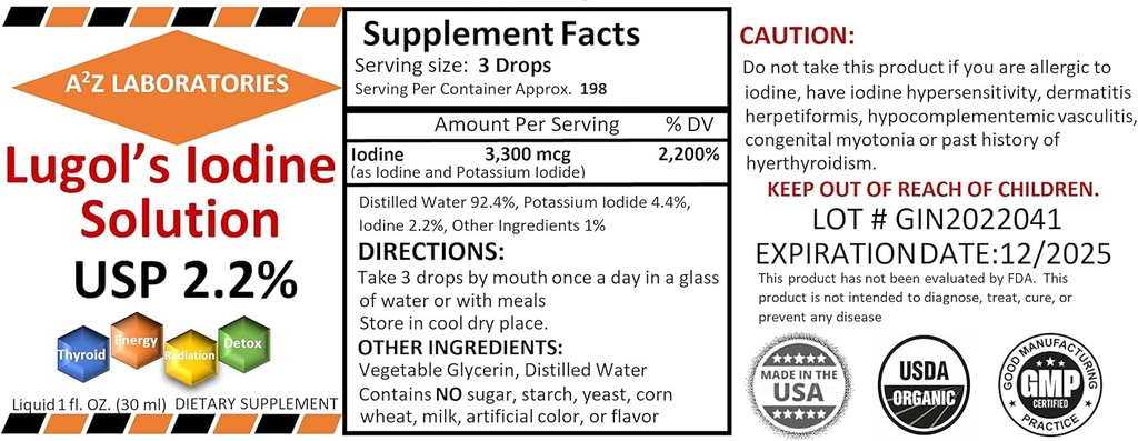 Generic A2Z אורגני Lugol של Iodine ו- Potassium Iodide 2.0% פתרון, 1 Fl Oz - טיפות נוזלים לתמיכה Thyroid, Detox, Metabolism, Made בארה"ב