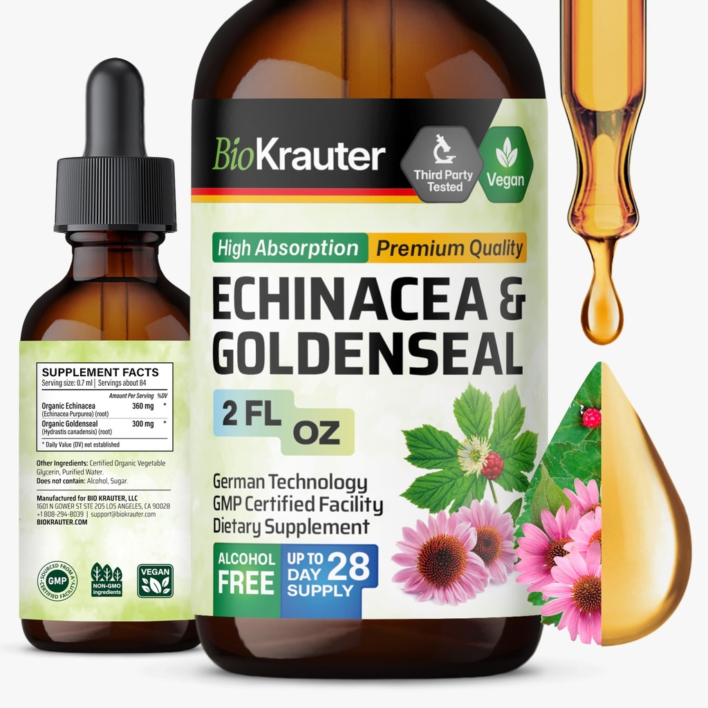BIO KRAUTER Echinacea ו-Goldenseal Root נוזל לחלץ - תמיכה טבעית Immune - Echinacea טיפות עם Goldenseal - טבעוני, אלכוהול וסוכר חינם Tincture - 2 Fl.Oz.