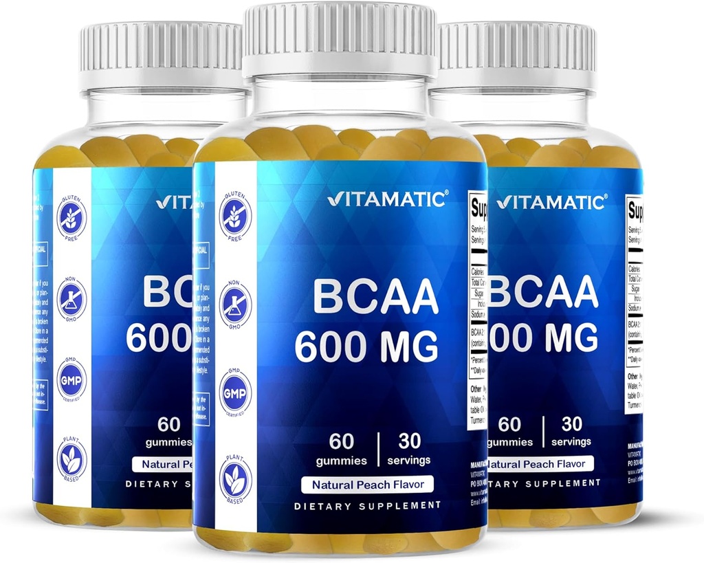 Vitamatic BCAA Gummies - שרשרת שרשרת Amino Acid תוספי - Peach Flavor - 600 מ"ג עבור המשרת - 60 טבעוני Pectin מבוסס חניכיים (3 בקבוקים)