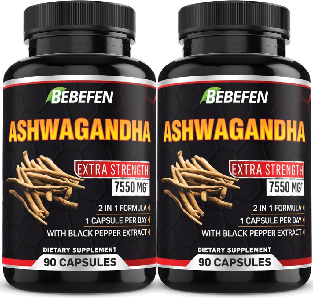 BeBEFEN Ashwagandha כמוסות - 7550 מ"ג גלולות עם Black Pepper Extract - 90 קפסולות Ashwagandha תוספת לתמיכה באנרגיה - 3 חודשים אספקה (Pack of 2)