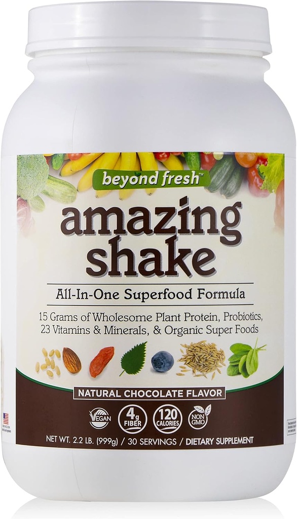 Beyond Fresh Amazing Shake, Superfood Formula, Plant Protein Based, Low Net Carbs, Whole Foods, Meal Switch, Natural Chocolate Flavor, 999 גרמים לבנים