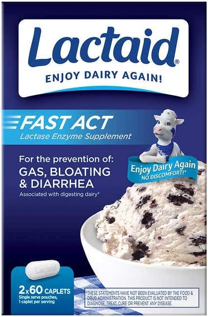 Lactaid Fast Act Lactose Intolerance Caplets, 120 Count Prevention of Gas Bloating Diarrhea גדול ביותר