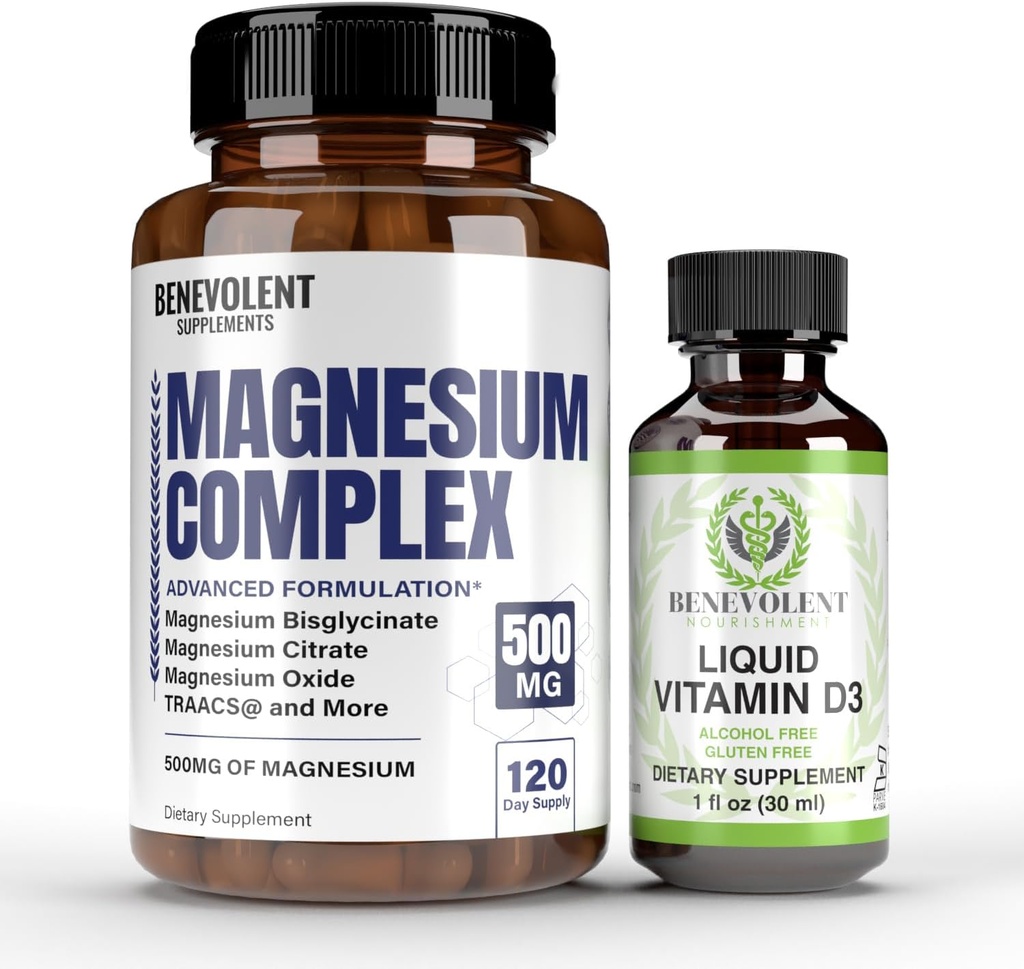 Magnesium Complex with 5 טפסים & נוזל ויטמין D3 5000 IU Bundle - 4 חודשים אספקה של 500 מ"ג מגנזיום Glycinate, Oxide, Turate, Chelate, Magnesium Citrate - Sleep & Immune Support