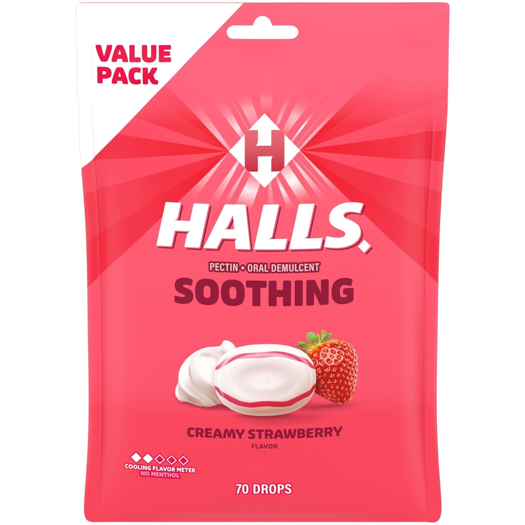 HALLS גרון Soothing (לשעבר HALLS Breezers) Creamy Strawberry גרון טיפות, חבילת כלכלה, 70 טיפות