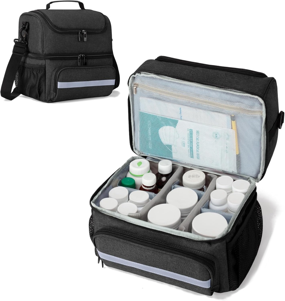 CURMIO Medicine Storage Bag, Double Layers Pill Bottle Organer with Inner Dividers for Medicine, ויטמינים, בקבוקי Prescription, מטענים רפואיים, שחור (עיצוב פלילי)