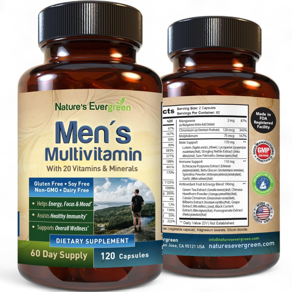 ה- Multivitamin הטוב ביותר עבור גברים | רב ויטמין & Multiminerals עם מעל 20 ויטמינים A, C, D, E, B12, Zinc & More Essentials for Men | אנרגיה, Focus & Immune Health. 120 קפסולות