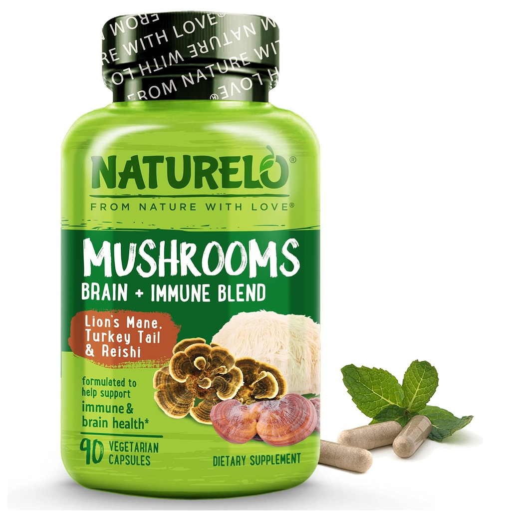 NATURELO Mushroom תוסף Brain & Immune Health Band with Lion s Mane, Reishi, טורקיה Tail 90 קפסולות ידידותיות טבעוניות