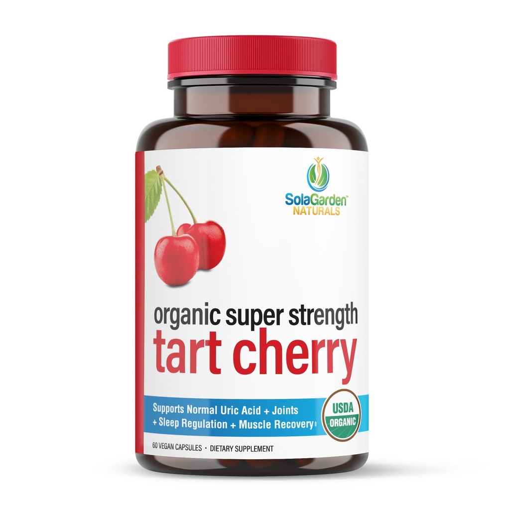 Super Power CherryPURE Tart Cherry Supplement - 50:1 ריכוז גדל בארה"ב - Made with non GMO Montmorency Cherries - על ידי SolaGarden Naturals. 60 Non GMO Veggie כמוסות