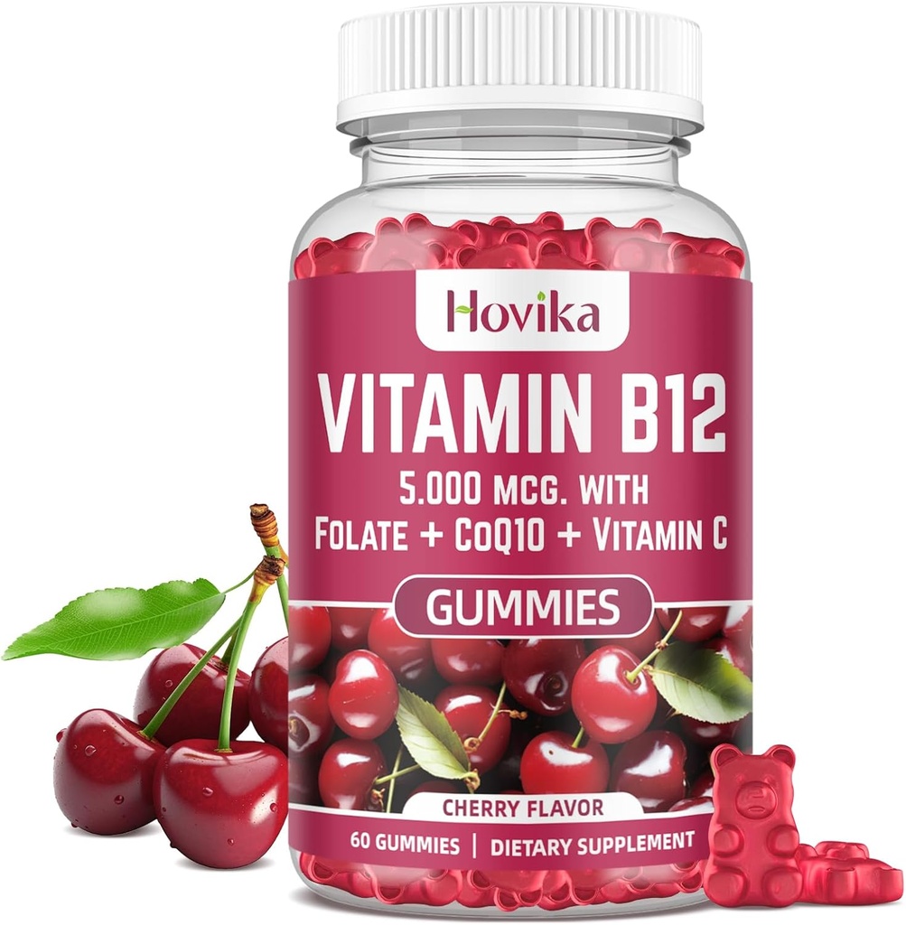 ויטמין B12 מורכב 5000 mcg Methyl B12, Adenosyl B12 & Hydroxy B12, עם Coenzyme Q10, Folate, ויטמין C, Chewable B 12 לתמיכה באנרגיה, Metabolism, Bone Health - Cherry Flavor