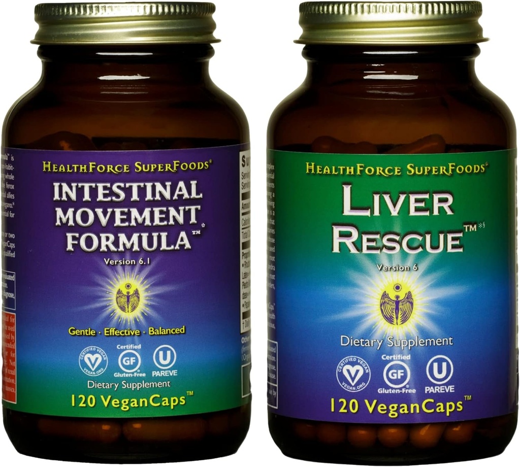 HEALTHFORCE SUPERFOODS Variety Pack - Liver Rescue 120 VeganCaps + Intestinal תנועה פורמולה 120 VeganCaps