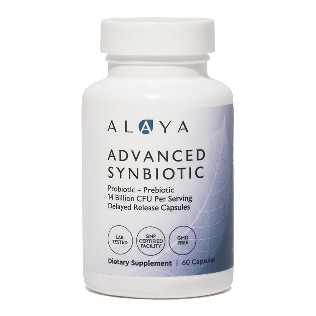 Alaya Naturals Advanced Synbiotic - Probiotic + Prebiotic - 14 מיליארד CFU נדחה תוספת פרוביוטית עם Prebiotics מ Sunfiber®, ו L-glutamine עבור Gut Lining Integrity - 60 קפסולות