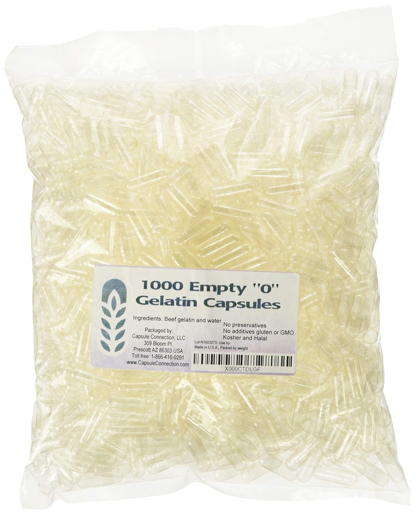 קפסולת חיבור 1000 Bulk "0" קפסולות ג'לטין ריקות, שקיות מתוצרת ארה"ב, שקיות ניתנות לזיהוי
