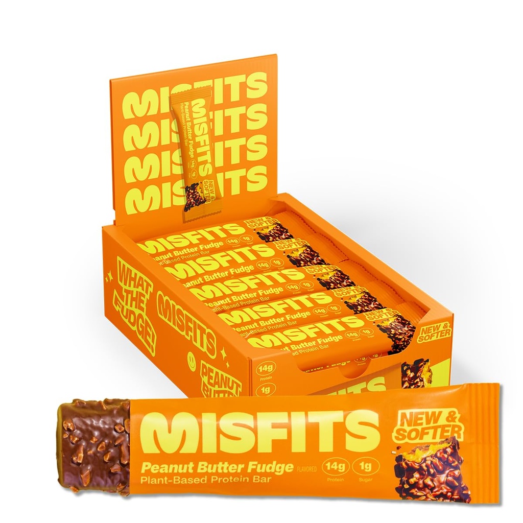 Misfits חלבונים טבעוני Bars, Peanut Butter Fudge - מתכון מעודכן צמחי מבוסס, סוכר נמוך וקרב, חטיפים סיבים גבוהים