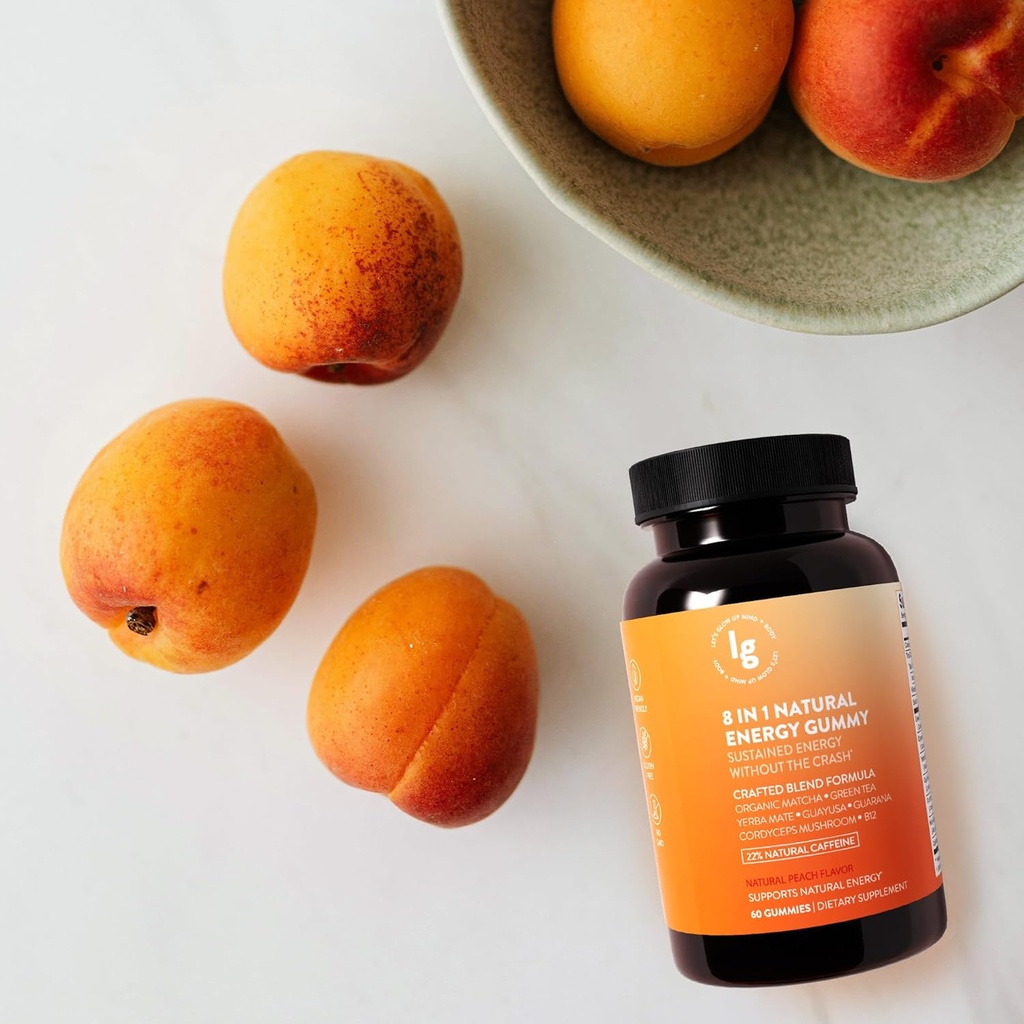 8-in-1 Natural Energy Gummies - ויטמין B12, C, Caffeine, Multivitamin + Sleep & Focus Support - אנרגיה טבעונית צ'יפס עבור גברים ונשים - Peach Flavor - 60 Ctvitamin