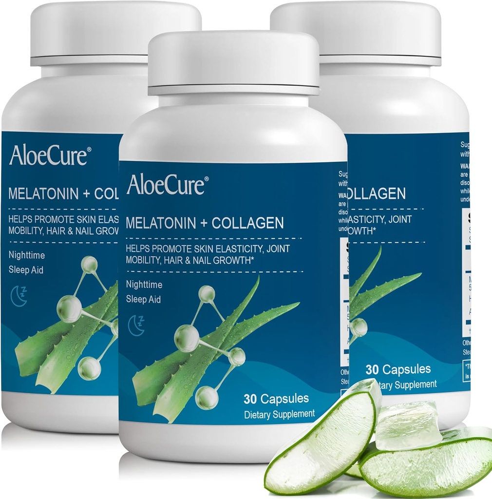AloeCure Natural Melatonin + Collagen עם אורגני Aloe Vera - תוסף שינה טבעי עבור לילות מנוחה - תרכובת Collagen לחוזק משותף, Skin Odyssey, Hair & Nail growth, 30 קפסולות