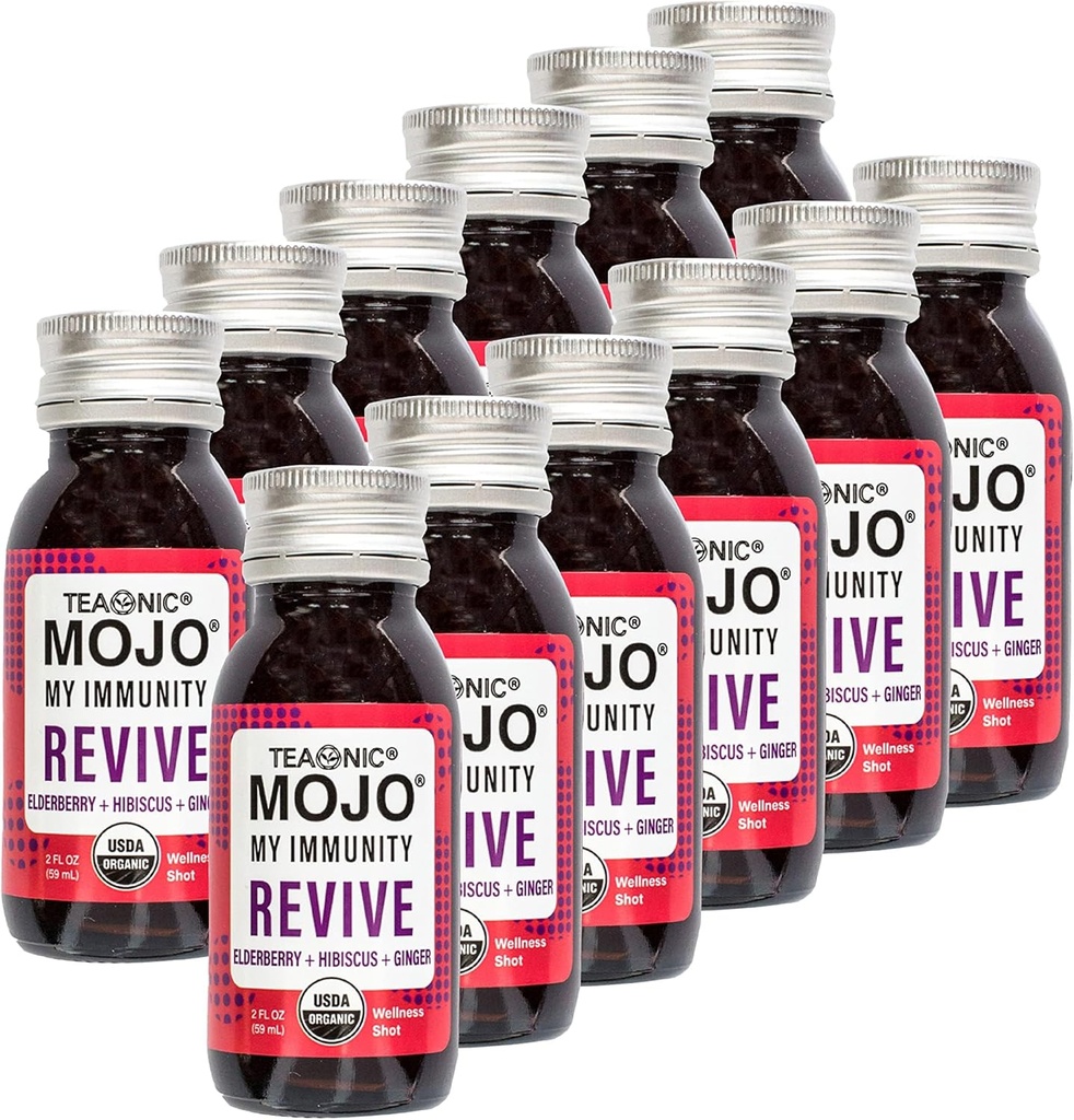 TEAONIC My Immunity Mojo: Revive, Herbal Juice, Herbal Supplement with Elderberry, Hibiscus וג'ינג'ר, USDA-Certified Organic, Vegan, Gluten-Free, 12 Packs, 2 Fl. Oz כל אחד.