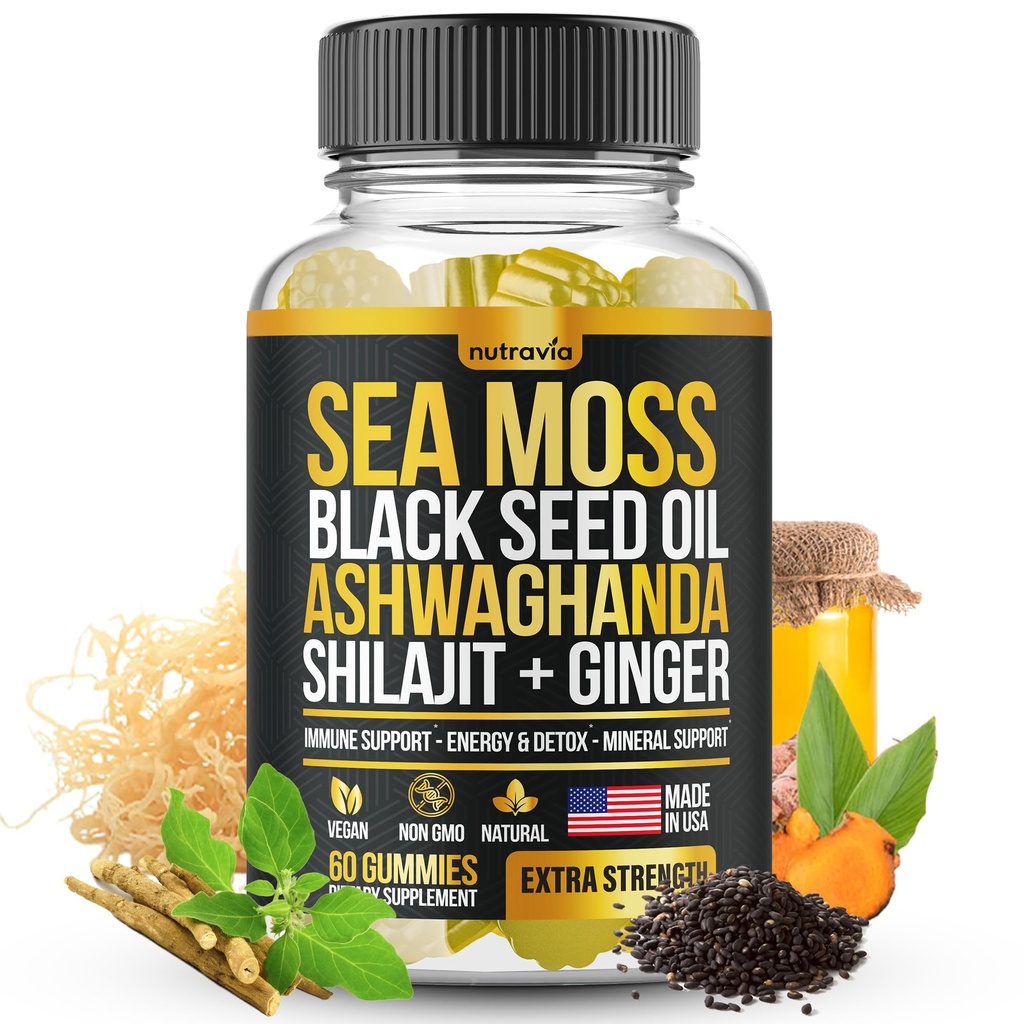 Sea Moss, Black Seed Oil, אשוגנדה, ג'ינג'ר, Shilajit Gummies with Elderberry, Chlorophyll, Turmeric Bladderwrack Sea Mos Gummies Advanced Power Formula - All in 1 Bundle - ארצות הברית Made (60 מסטיק)