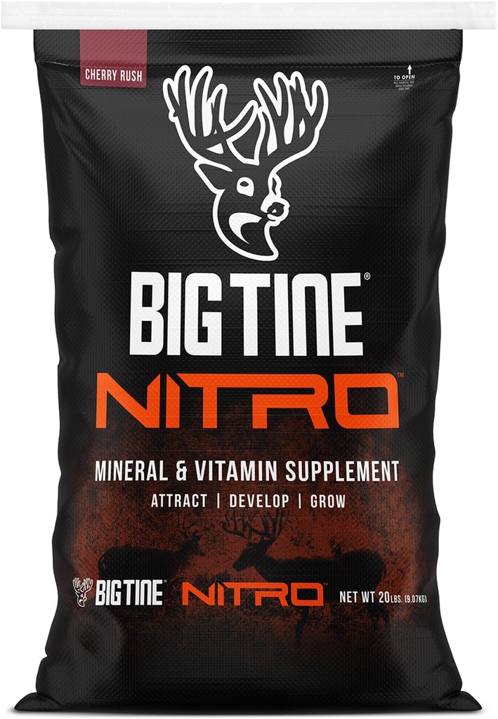 Big Tine Nitro, Deer תוסף, 20 lbs Bag, צ'רי Rush Scent, Powerful and Long Lasting Scent, High Bioavailability, ארוז עם ויטמינים ומינרלים