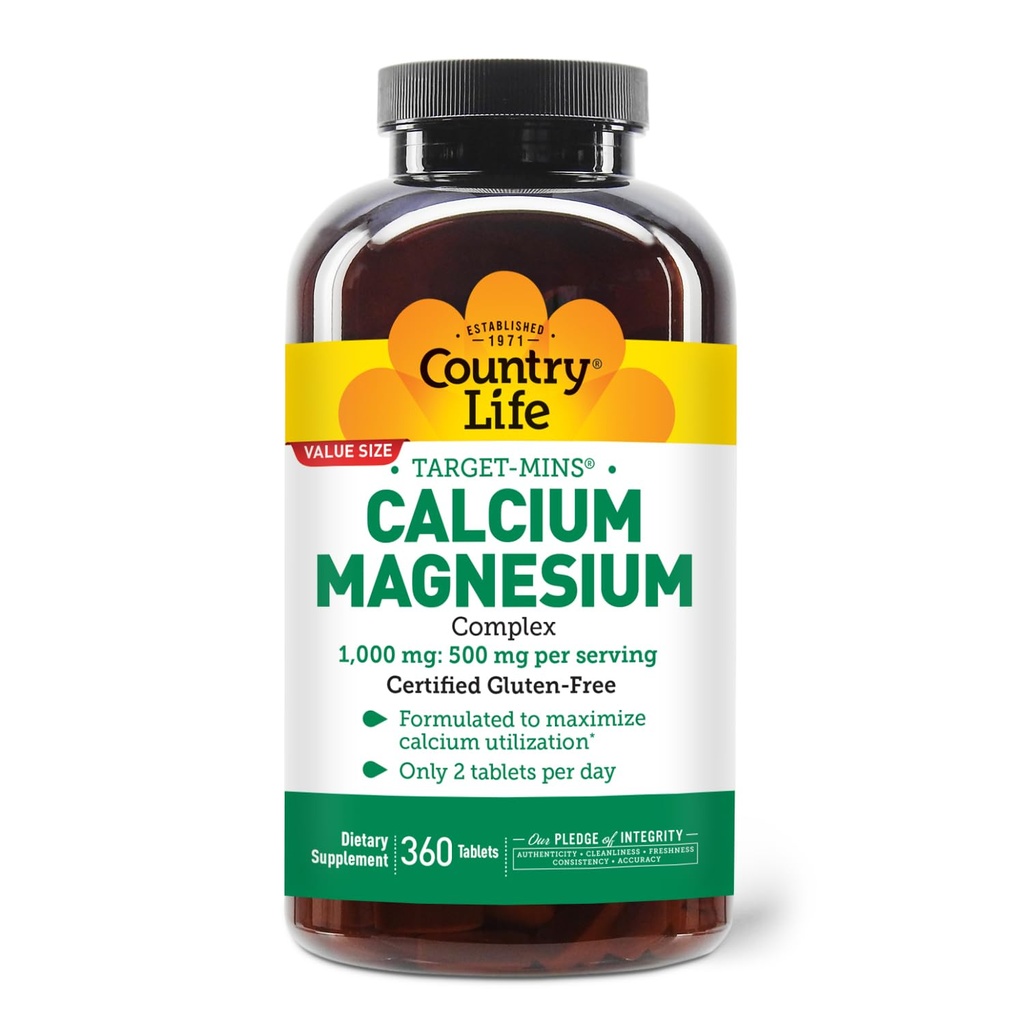 Country Life Target-Mins Calcium Magnesium תוסף בריאות העצם, 1000 מ"ג Calcium, 500 מ"ג מגנזיום, Gluten Free, 2:1 Ratio עבור אופטימיזציה אופטימאלית