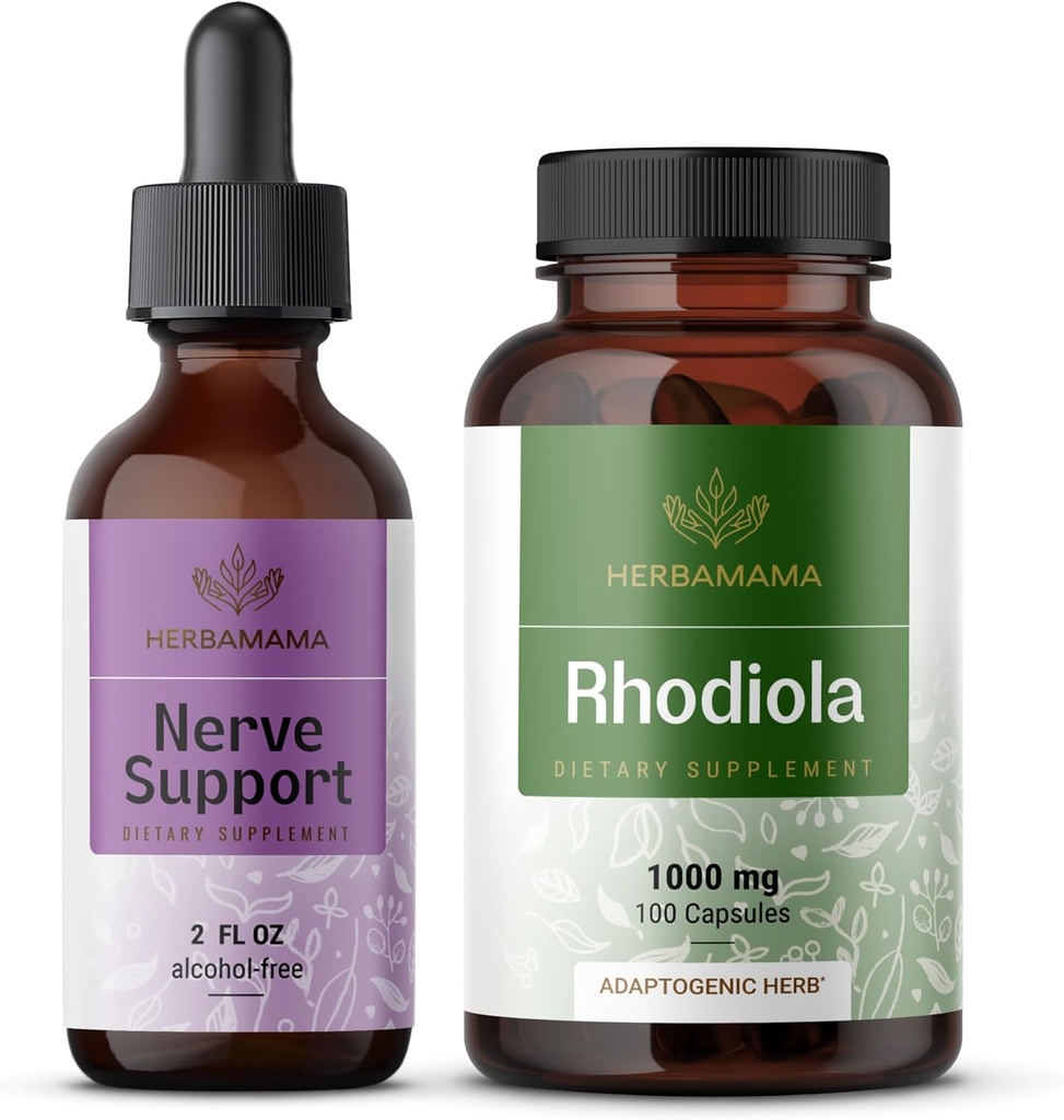 HerBAMAMA Nerve Support and Rhodiola Kit - Bundle of Nerve Support Complex 2 floz & Rhodiola Rosea כמוסות - טבעוני, non-GMO, Sugar & אלכוהול חינם, 2 Pack