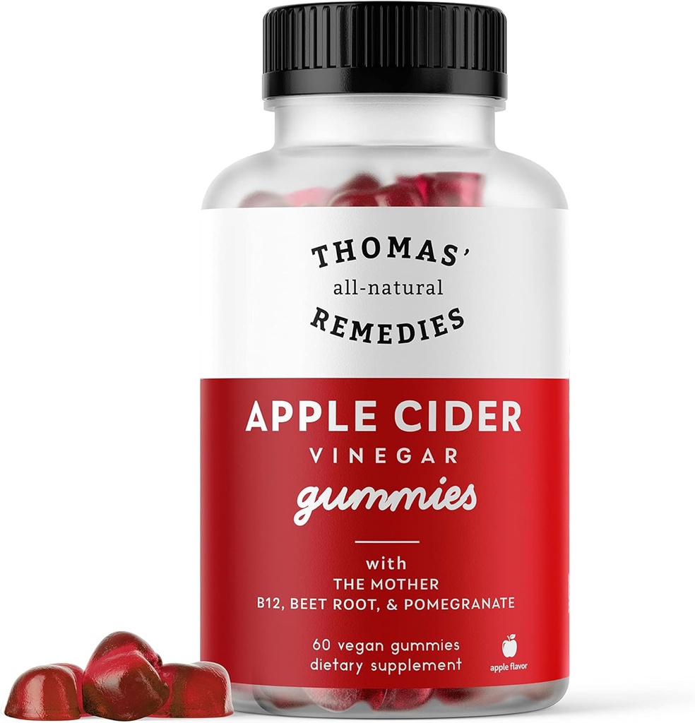 Tom's All-טבעי Remedies Apple Cider Vinegarmies with the Mother, ACV Gummies 1000 מ"ג, Beet Root, Pomegranate, B9 & B12 ויטמינים מסטיקנים, Gelatin-Free, Gluten-Free, Gluten-Free ו- non-GMO (60)