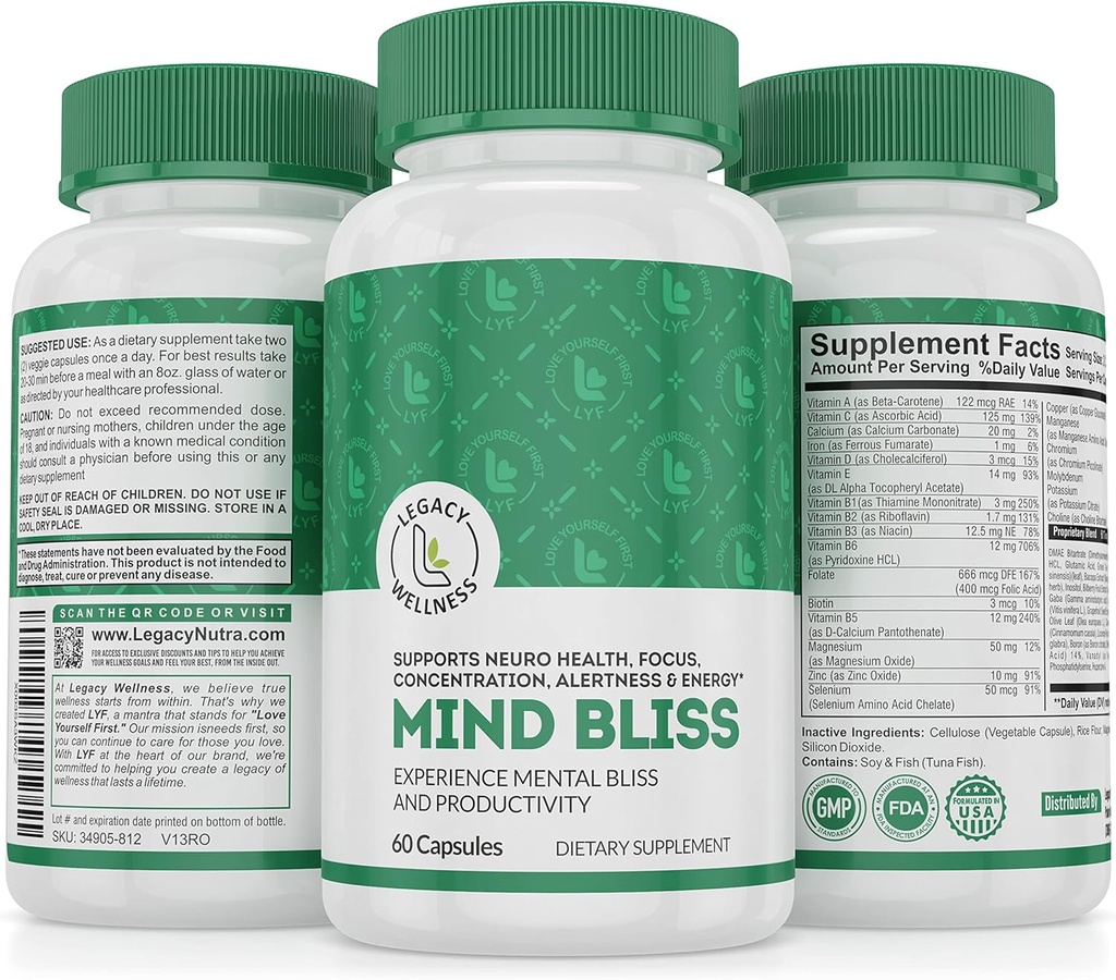 Mind Bliss Brain Supplement: 40-Ingredient Memory, Focus & Clarity ויטמינים, אנרגיה Boost & Nootropic תמיכה עם DMAE, 60 גלולות