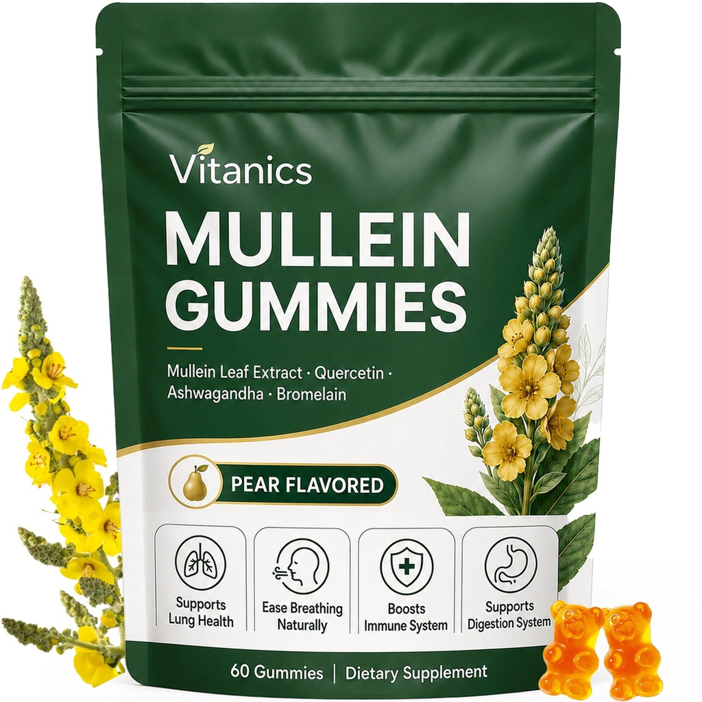 Mullein Gummies, Daily Respiratory Health Gummies, 1000 מ"ג מולליין Leaf Herb Extract, Pear Flavor, Lung Health & Sinus Relief (30 יום אספקה)