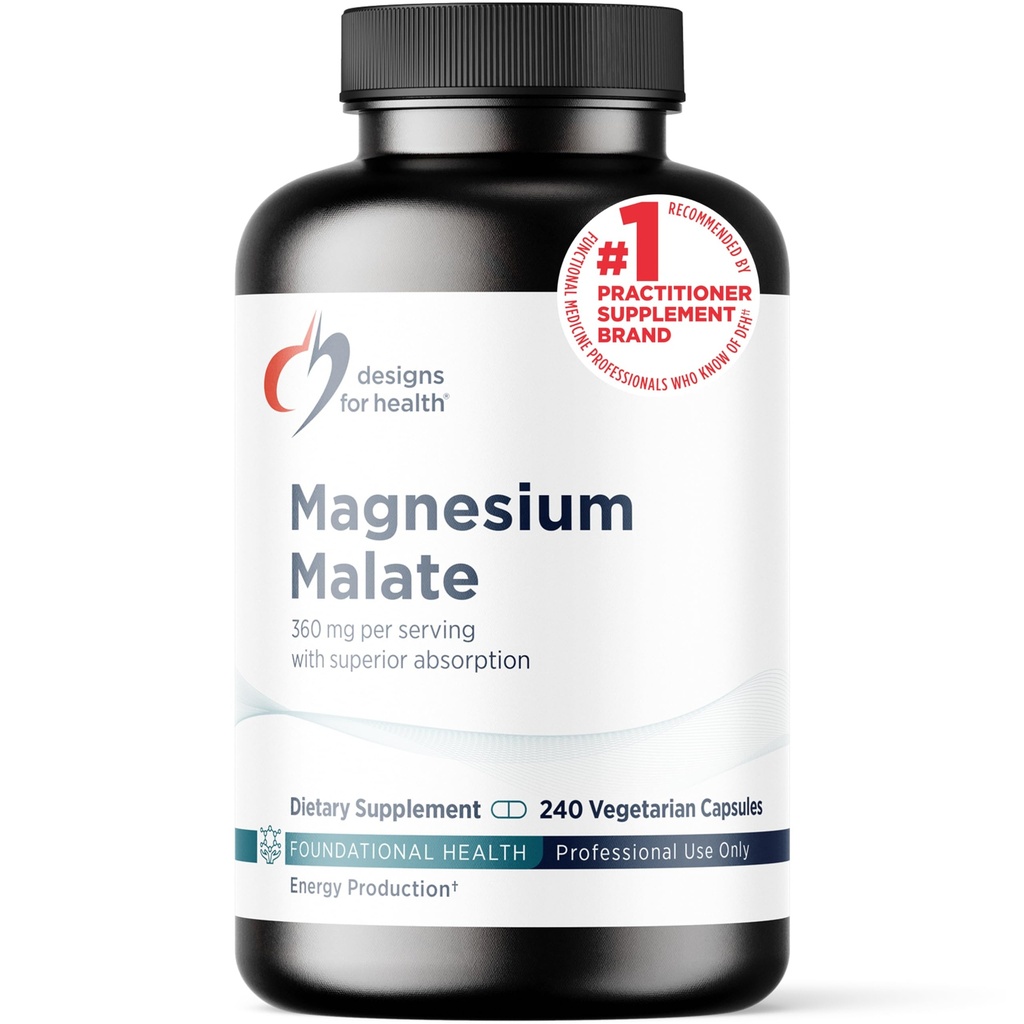 עיצובים לבריאות Magnesium Malate - Chelated Magnesium כמו Di Magnesium Malate - Highly Bioavailable Form to Support Energy, Bone Health + Muscle Recovery (240 Magnesium Malate קפסולות)