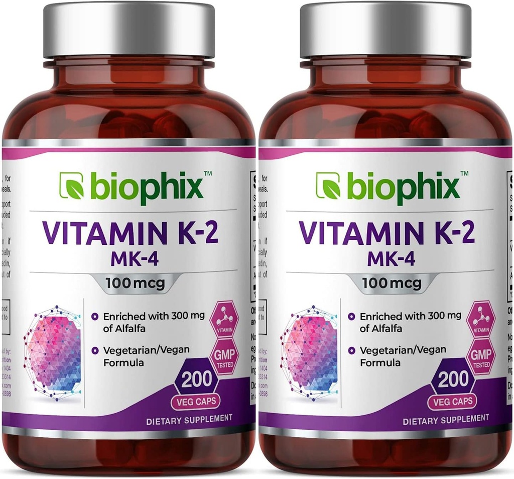 ויטמין Bphix K2 MK-4-100 mcg 200 Caps with alphalfa 2 Pack - תומך עצמות חזקות Immune Health