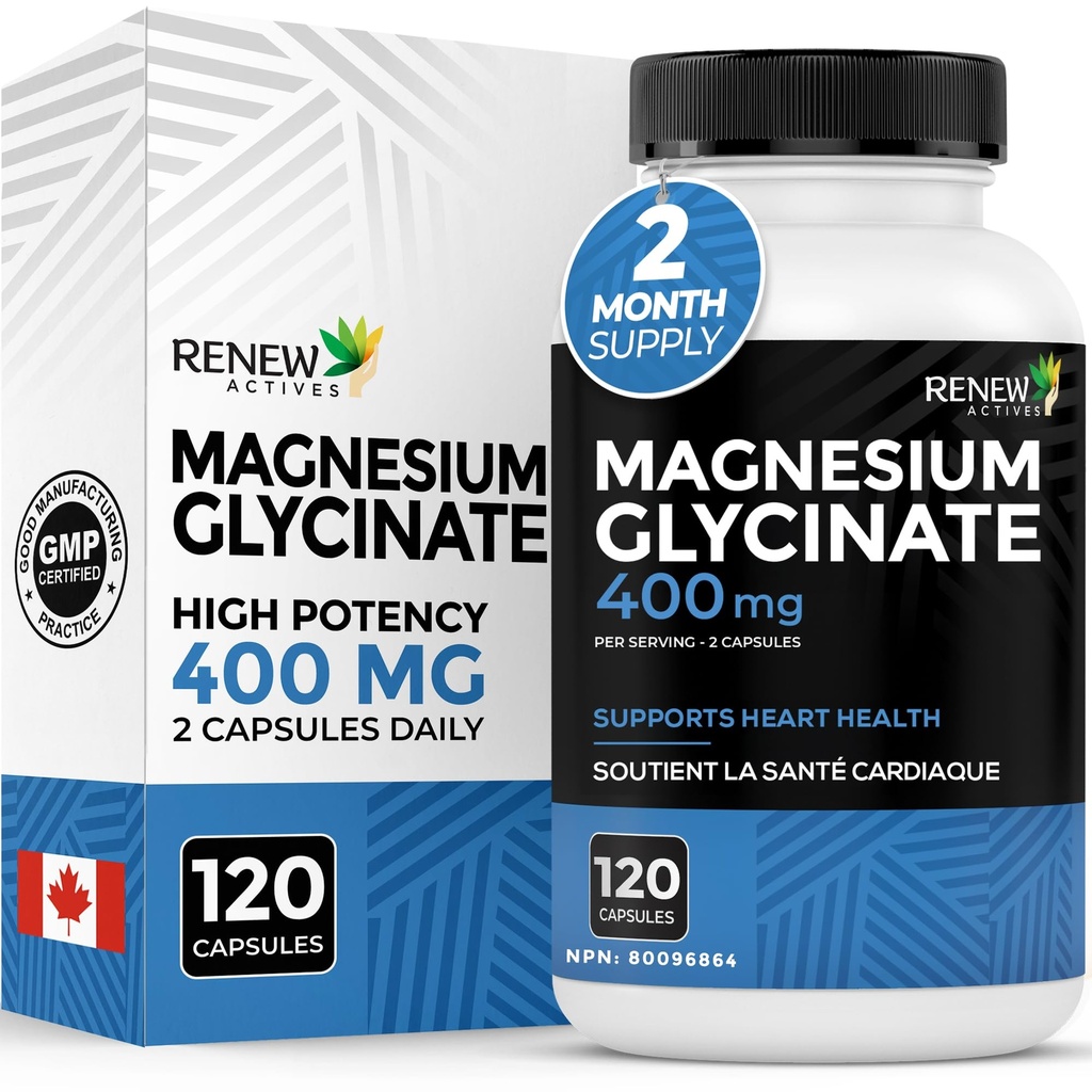 ReNEW ACTIVES Magnesium Glycinate 400MG לכל 2 קפסולות טהור מגנזיום ביסגלינאטה עבור טיפת גוף מלא, שינה, שרירים, עצמות ואנרגיה - אלקטרוליטזון - מיוצר בקנדה -120 קפסולות