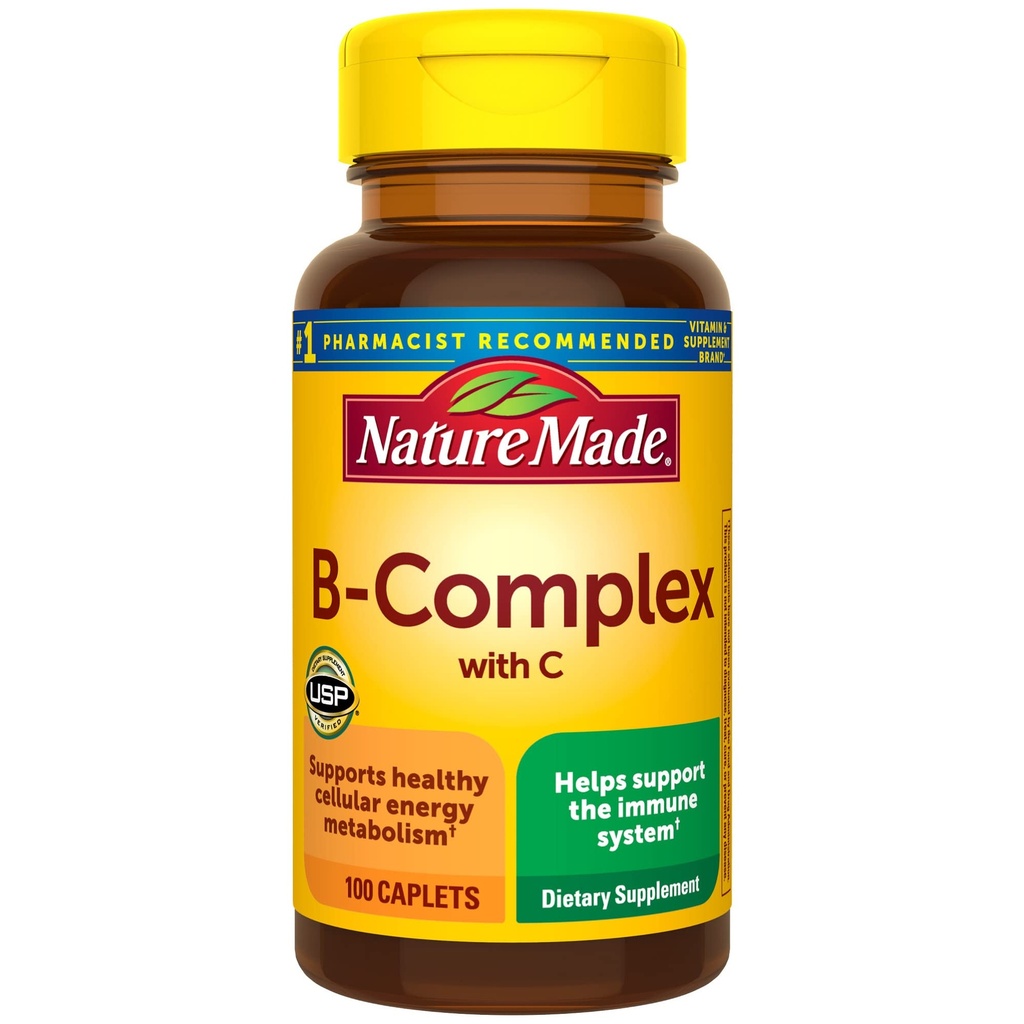 הטבע עשה B Complex עם ויטמין C, תוספת תזונתית לתמיכה במערכת החיסון, 100 Caplets, 100 יום אספקה