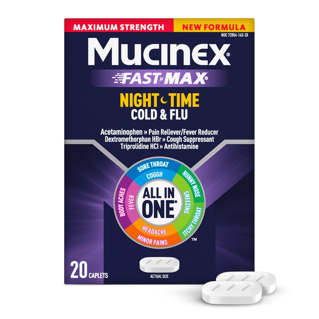 Mucinex Nightshift Cold & Flu, מקסימום כוח רב-Symptom Nighttime הקלה, 20 כרטיסי שחרור מהירים - כאב Reliever / Fever מופחת, Cough Suppressant, Antihistamine