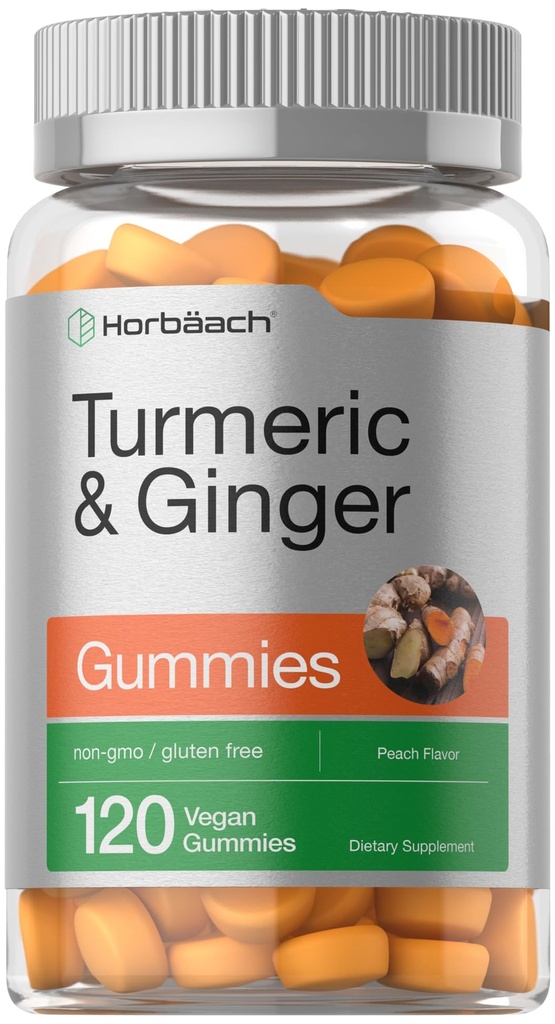 Horbäach Turmeric וג'ינג'ר חניכיים | 120 Count | Peach Flavor | טבעוני Non-GMO & Gluten Free Supplement