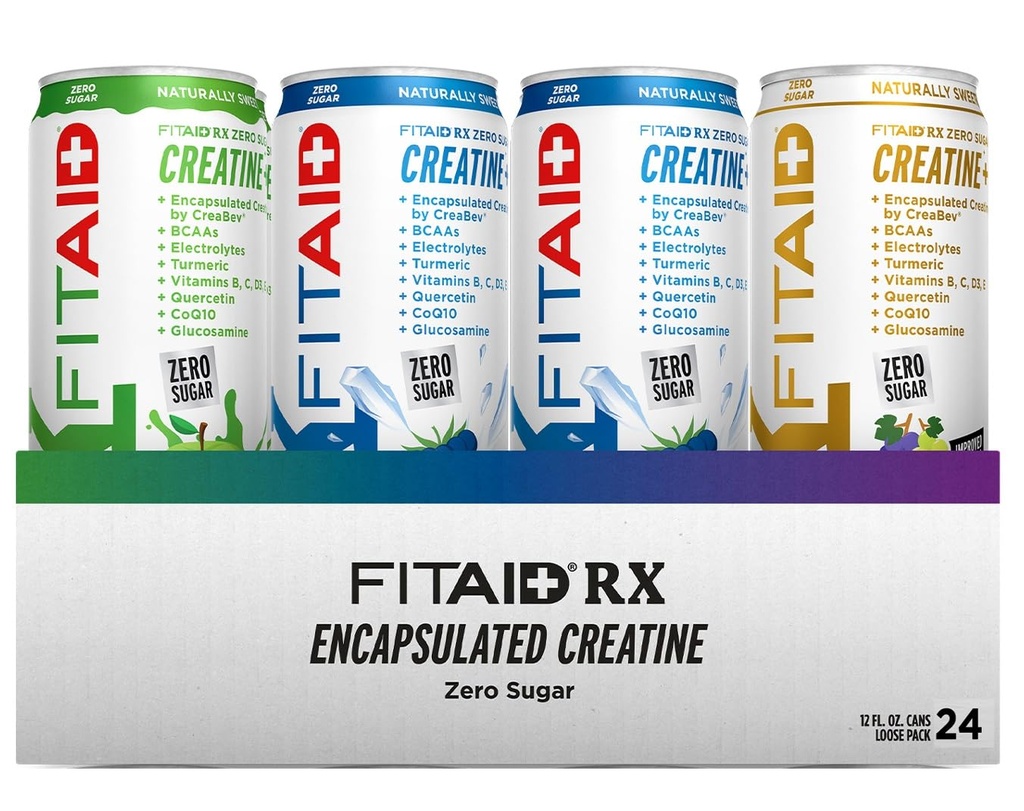 FITAID RX Zero Sugar, Encapsulated Creatine, Workout Recovery Drink, All-In-One Band, BCAAs, Glucosamine, Turmeric, B-Complex, Electrolytes, Variety Pack, 12 Fl Oz (Pack of 24)