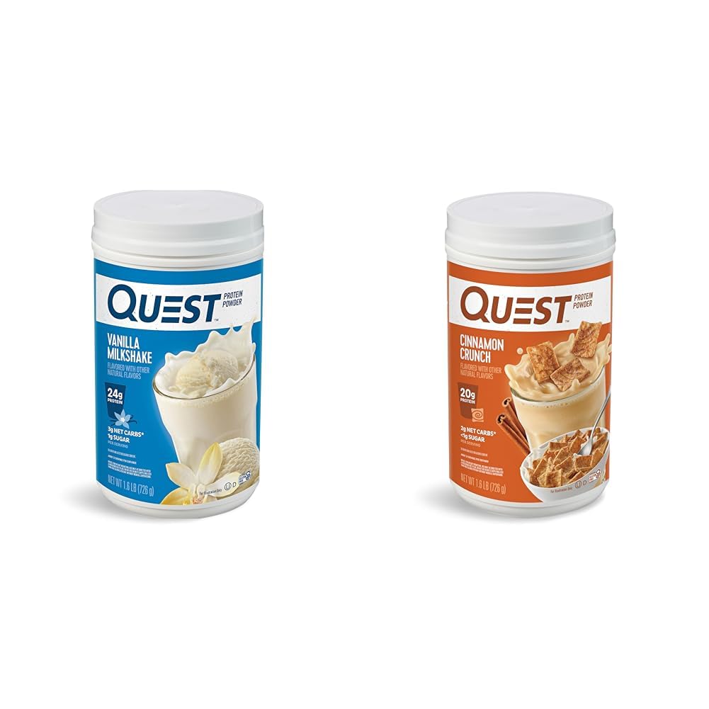 Quest Nutrition Vanilla Milkshake Protein Powder, 24g of Protein, 1g of Sugar, 1.6 Pound, 23 Servings & Cinnamon Crunch Protein Powder, 20g Protein, 2g Net Carb, 1g Sugar, Low Carb