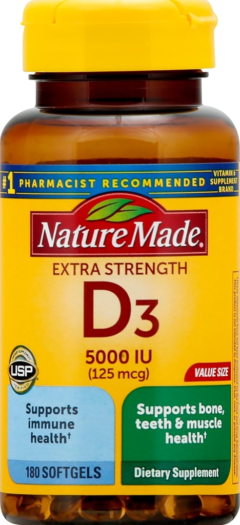 ויטמין D3 5000 IU (125 mcg), 180 Softgels Value Size, ויטמין D בעוצמה גבוהה עוזר לתמוך בבריאות החיסון, עצמות חזקות ושיניים, ותפקוד שרירים