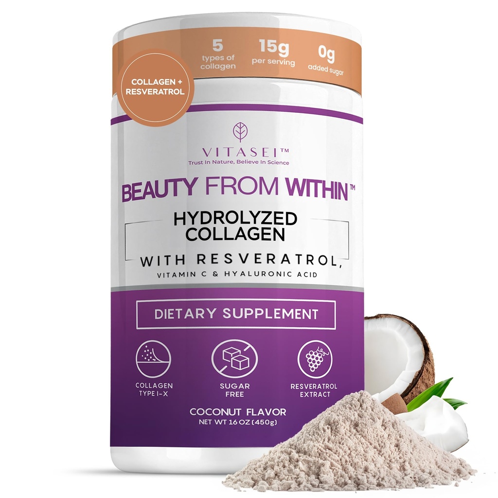 VITASEI hydrolyzed Collagen Peptides אבקת עם ויטמין C & Resveratrol - שיער, עור וציפור ויטמינים לנשים וגברים - עצם ותוסף משותף - קוקוס פלמורד - 16 oz