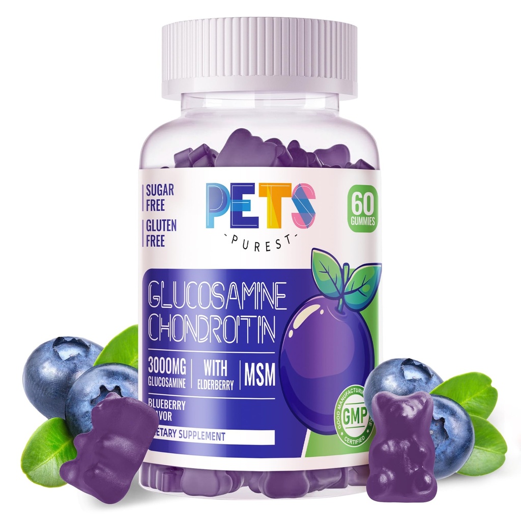 חיות מחמד Purest Glucosamine Chondroitin מסטיקמי עם MSM & Elderberry כוח נוסף - תמיכה משותפת, תמיכה אנטי-חמצן תמיכה עבור מבוגרים, גברים ונשים.60 חניכיים כחולות