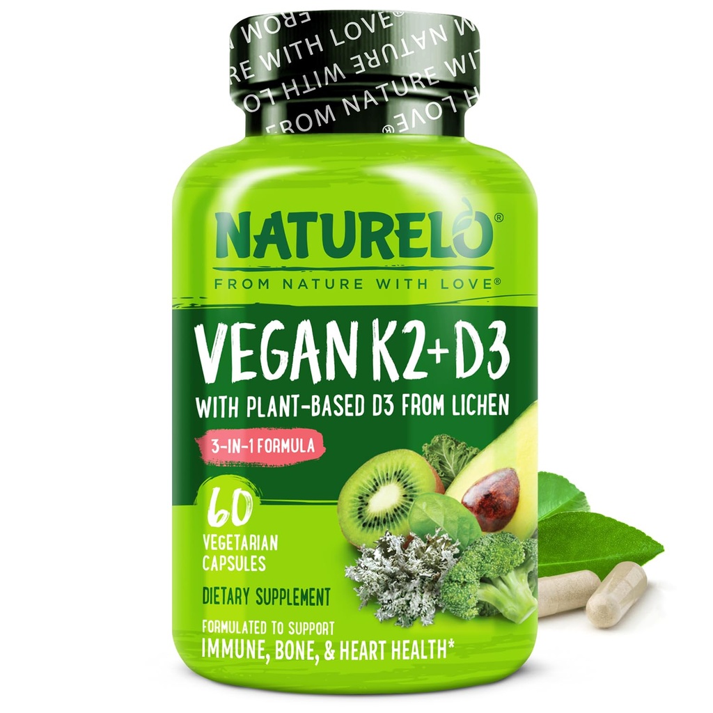NATURELO Vitamin D3 K2 - Vegan with Plant Based D3 from Lichen - Natural Supplement for Immune System, Bone Support, Heart Health - Whole Food - Non-GMO - Gluten Free, 60 Capsules