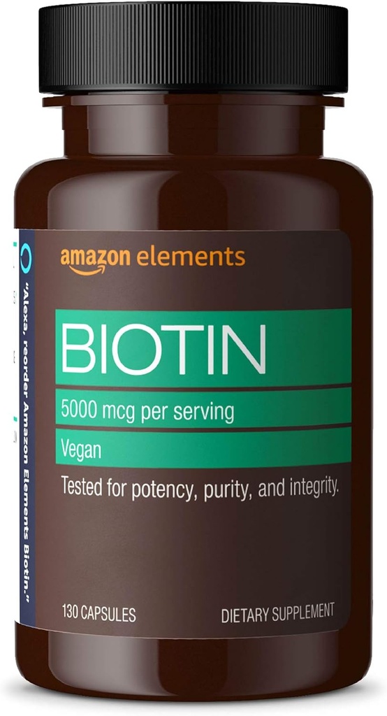 אלמנטים טבעוניים ביוטין 5000 mcg - שיער, עור, ציפורניים, 130 קפסולות (4 אספקת חודש) (Packaging עשוי להשתנות)