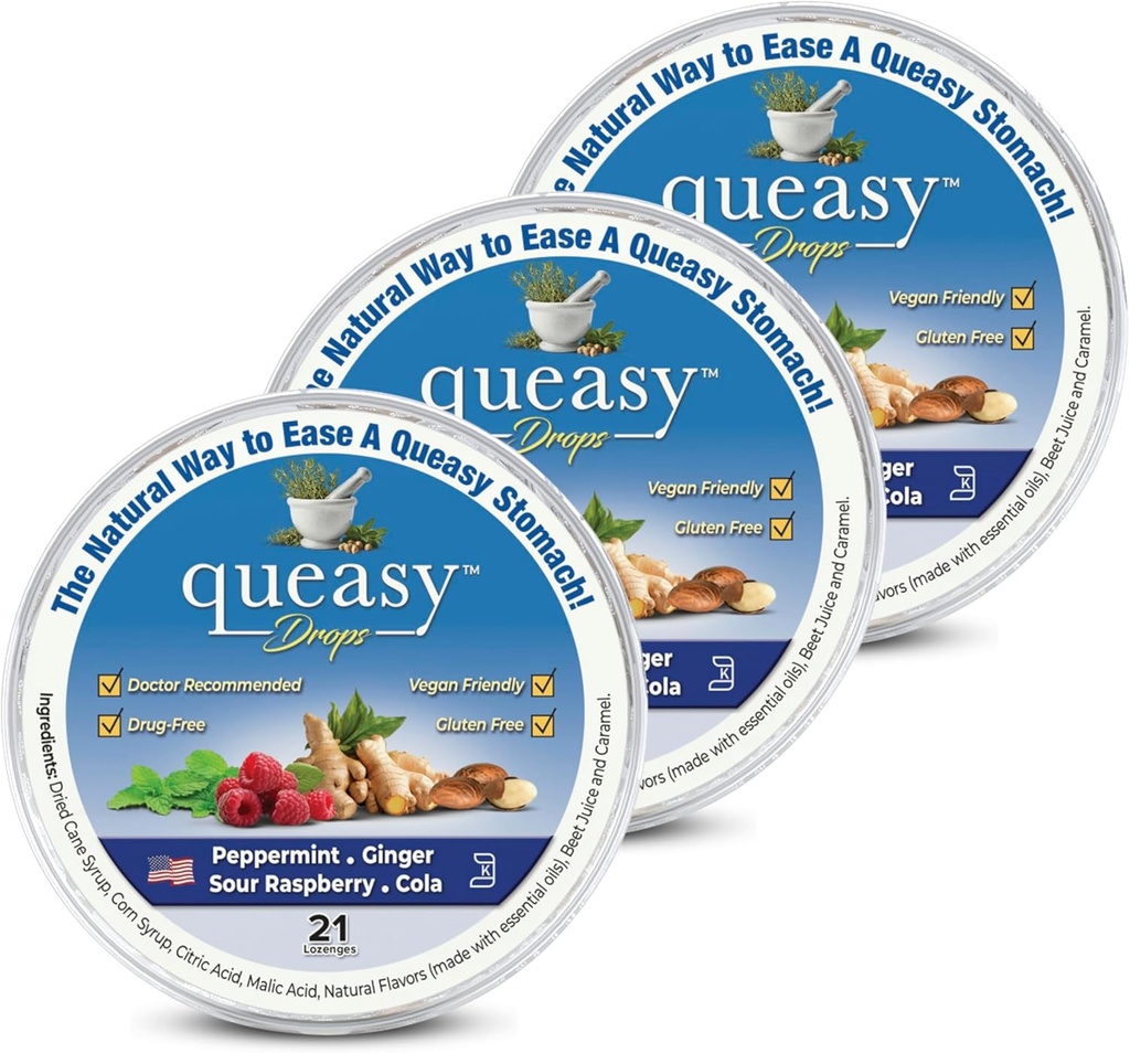 Three Lollies Quy Drops - הקלה מ-Nausea & Travel Diseaseness - Relieves a Dry Mouth & Settles the Stomach - Natural Ingredients - 4 Flavors - 21ct (Pack of 3)