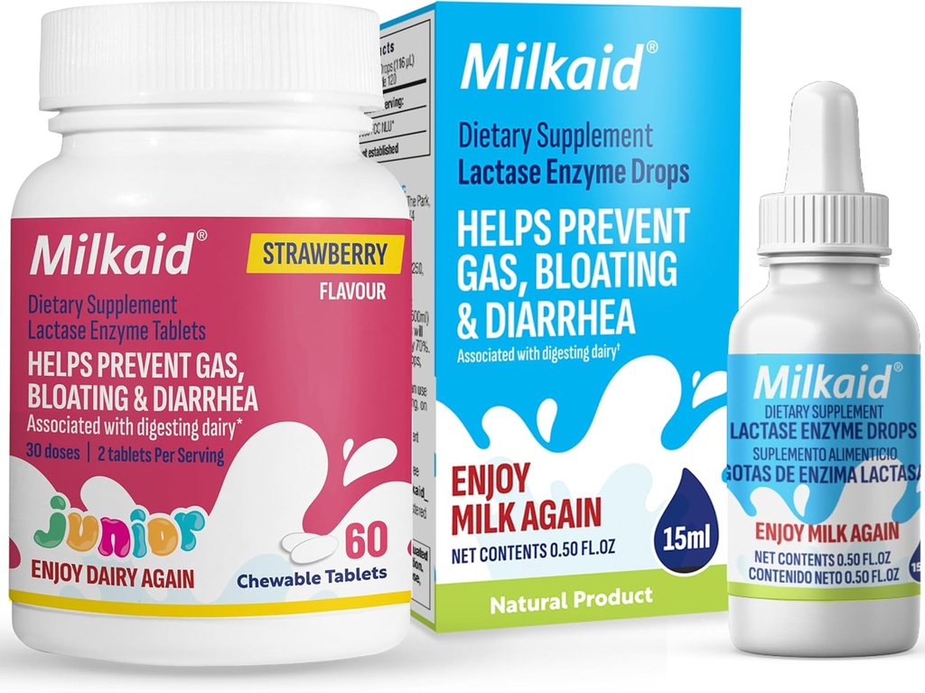 Milkaid Junior Lactase Enzyme Chewable Tablet Lactase טיפות עבור Lactose Intolerance הקלה; מונע גז, Bloating, Diarrhea בילדים | Fast Acting Milktose Intolerance Supplement