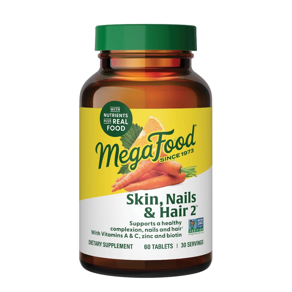 Mega Food Skin, Nails & Hair 2 - ויטמינים לנשים וגברים - ביוטין, ויטמין A, C, Zinc, B6, E, Pantothenic Acid - טבעוני - Made Without 9 Food Allergens - 60 Tabs (30 משרתים)